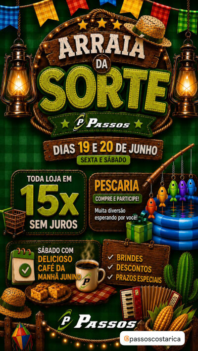 Imagem da notícia Arraiá da Sorte da Passos Confecções em Costa Rica terá 15x sem juros, pescaria premiada e café da manhã junino